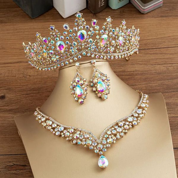 Stud Kmvexo lindo cristal ab conjuntos de jóias de noiva moda tiaras brincos colares conjunto para mulheres vestido de casamento coroa 231109