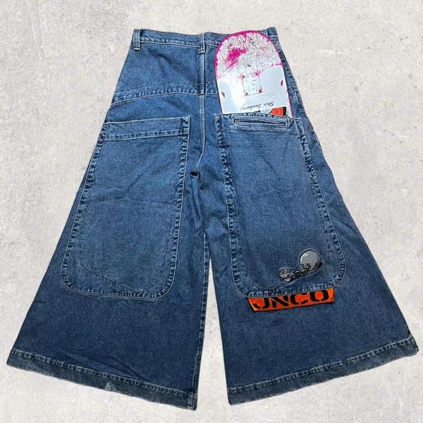 Jeans femininos JNCO Y2K Mens Hip Hop Gráficos Retro Azul Grande Bolso Baggy Denim Calças Góticas Calças de Perna Larga Skate