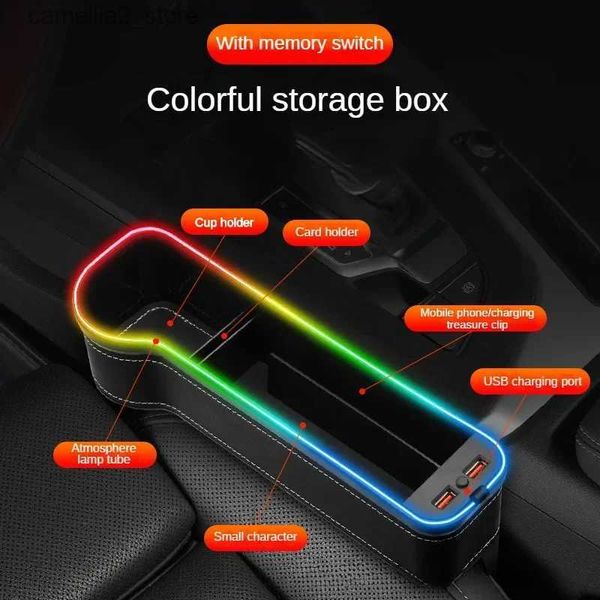 Organizador de carro Nova caixa de armazenamento de fenda de carro com 2 carregador USB colorido LED assento gap fenda bolso assento organizador cartão telefone garrafa copos titular q231109