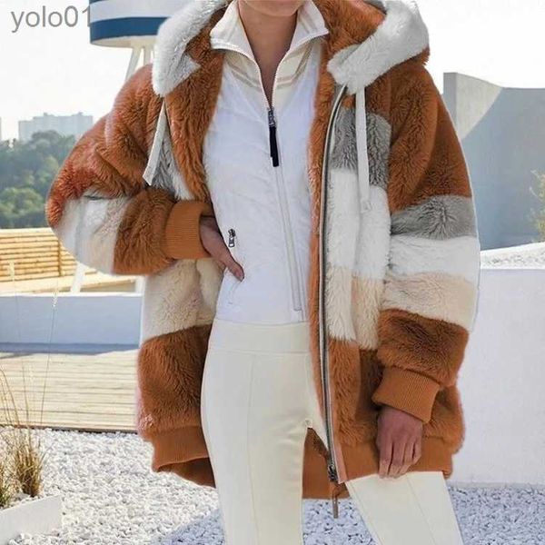 Женская толстая теплая плюшевая куртка из искусственного меха, женское пальто 2023, зимнее длинное пальто с длинными рукавами, пушистые волосатые куртки из искусственного меха, пальто с карманами на молнии с капюшономL231109