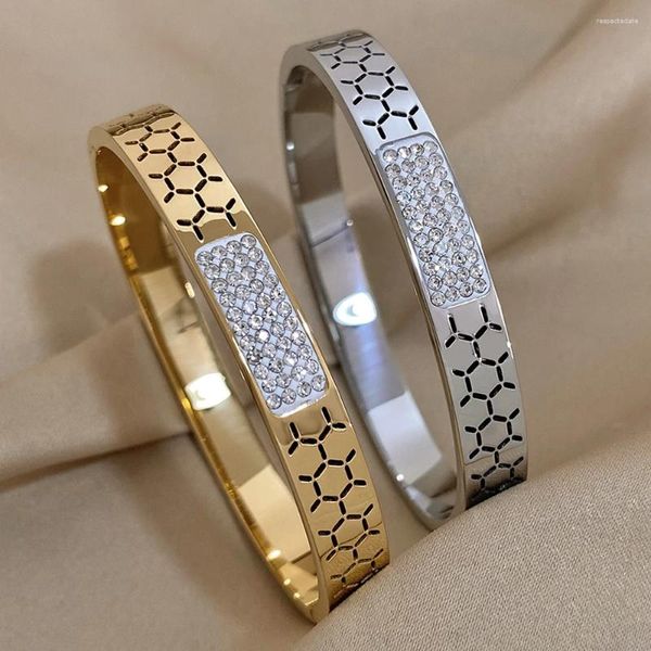 Bangle DODOHAO Uniuqe incrustado cristal zircão fino pulseiras de aço inoxidável pulseiras para mulheres charme ouro cor jóias acessórios