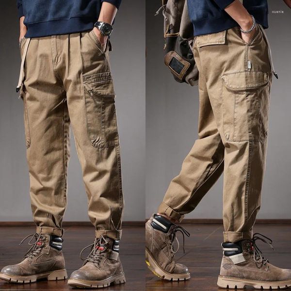 Мужские брюки, осенние мешковатые брюки-карго из хлопка цвета хаки, уличная одежда, повседневные свободные прямые брюки с эластичным поясом