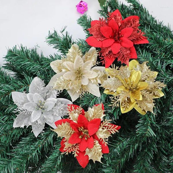 Fiori decorativi 10 pz/lotto Natale con decorazione in polvere dorata per ghirlanda a doppio strato