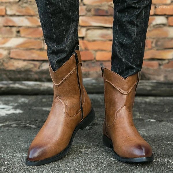 Botas elegantes elegantes homens simples sapatos masculinos de couro para dedo apontado homens zíper lateral masculino sapato confortável