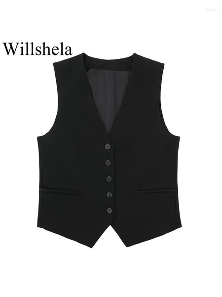 Damenwesten Damenmode Schwarz Einreihige Weste Ärmellose Jacken Vintage V-Ausschnitt Weste Weiblich Chic Lady Tank Tops