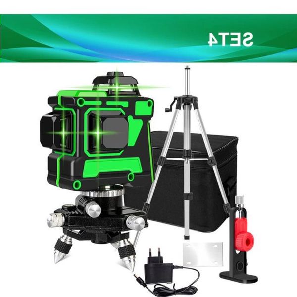 -10-45 12 linhas 3D autonivelante 360 graus linha laser verde cruzada horizontal e vertical com bateria de tripé Ptonk