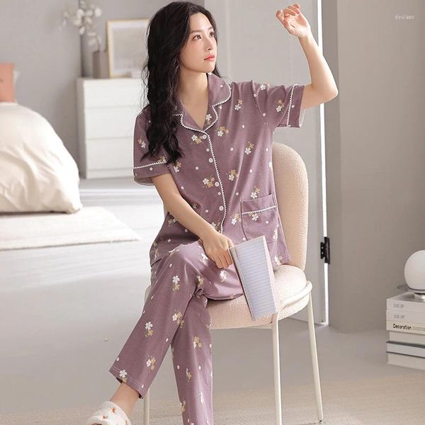 Pijamas femininos elegantes flor pijama conjunto verão lapela impresso modal algodão doce pijamas para senhoras grandes jardas cardigan casual agasalho