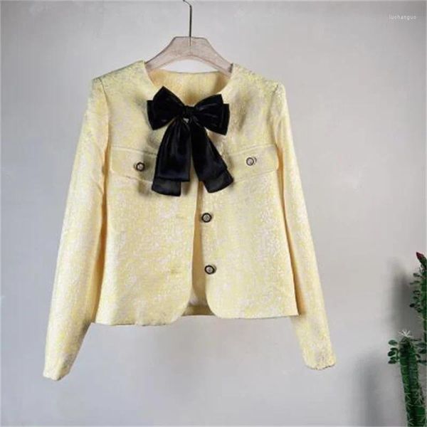 Женские куртки, тонкое короткое пальто, жаккардовые однобортные однобортные пальто с бантом и длинными рукавами, весна-лето, желтый, белый цвет, модная одежда