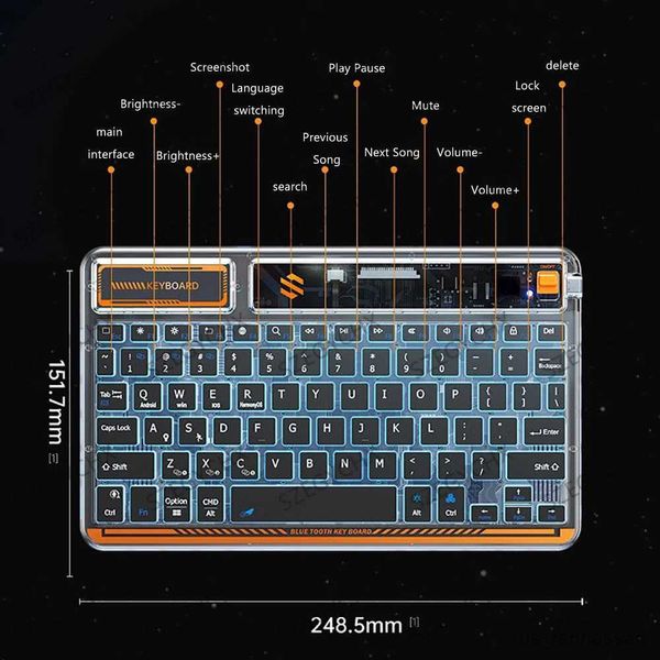 Klavyeler 2023 Crystal Back aydınlatmalı Teclado Bluetooth Klavye için Android Windows Telefon Tablet R231109 için Kablosuz Klavye