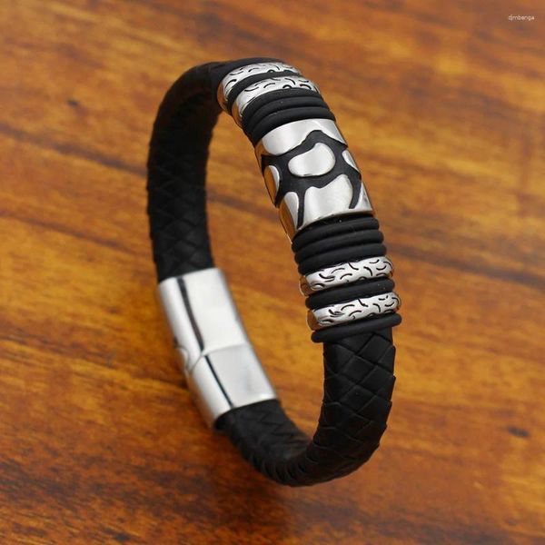 Braccialetti con ciondoli Bracciale da uomo in vera pelle retrò intrecciato largo 12 mm con perlina fessurata in acciaio inossidabile con chiusura magnetica