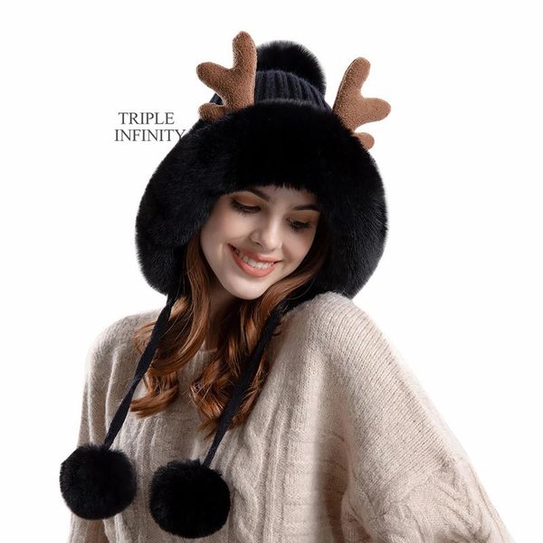 BeanieSkull Caps Presente de Natal Antler Chapéu de Inverno Adicionar Fluff Forrado À Prova de Vento Gorros Quentes Com Bolas de Cabelo Bonitos Bonnets de Proteção de Ouvido para Mulheres 231109