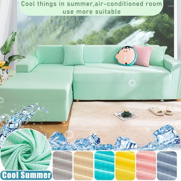 Stuhlhussen Sommer ICE SILK Sofakissenbezug Cool Elastisch Für Wohnzimmer All-Inclusive Anti-Staub Schonbezug 1/2/3/4 Sitz