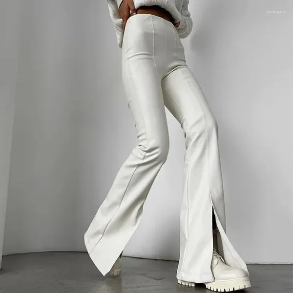 Damenhose mit Schlitz vorne am Bein, Persönlichkeit, Slim-Fit, Fleece, ausgestellt, sexy Show-Körper, Pu-Lederhose, Damen, weiße Pantalones im Y2K-Stil