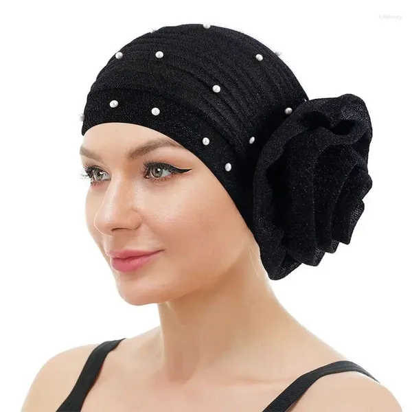 Roupas étnicas Glitter Brilhante Turbante Mulheres Muçulmanas Hijab Islâmico Chemo Cap Grande Flor Lenço Pérola Frisada Cabeça Envoltório Capa Bonnet Perda de Cabelo