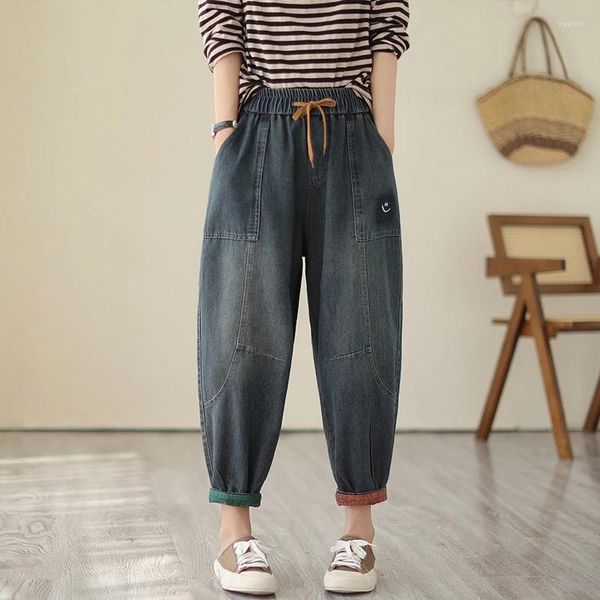 Damen-Jeans, Retro-Stil, großformatiger, farbblockierter Saum für Frauen mit Herbst-Fat-Mm-Birne-förmigem Körper, schlanke, lässige Papa-Haremshose