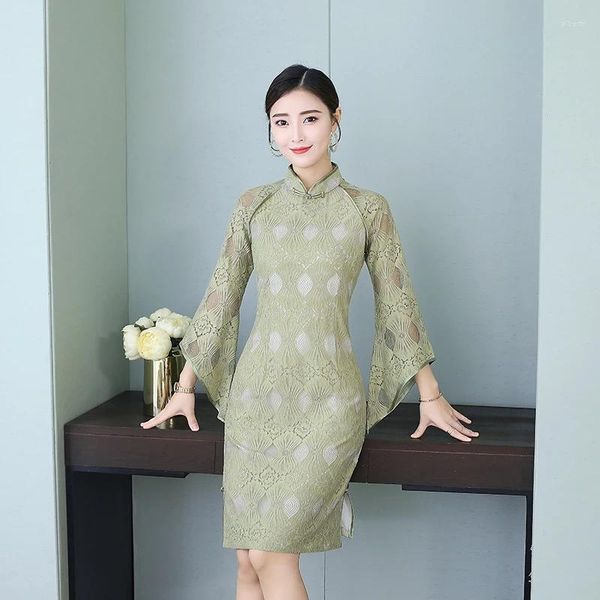 Etnik Giyim Çin Elbise Kadın Dantel Oryantal Tarz Elbiseler Qipao Alevlenmiş Kollu Cheongsam Eski Geleneksel Resmi Elbise Geri Yükle