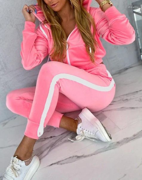 Calças femininas de duas peças casual mulher conjunto 2023 outono sweatsuit corredores outfit zip com capuz moletom fita remendo sweatpants treino