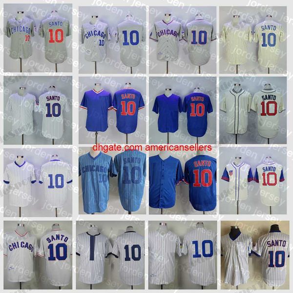 Camisas de beisebol mens 10 Ron Santo Vintage 1968 Camisetas de malha de pulôver cinzas costuradas