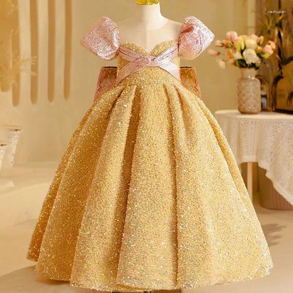 Mädchenkleider Gold Weihnachtspartykleid Kleine Mädchen Luxuriöses Prinzessinnen-Abschlussballkleid 3–14 Jahre Teenager Pailletten Vintage Formeller Bankettwettbewerb