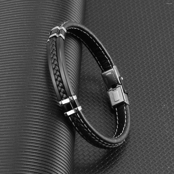 Pulseira de couro preto vintage para homens retro aço inoxidável fecho pulseira moda jóias acessórios