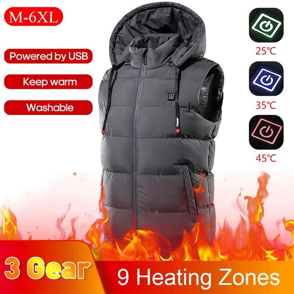 Coletes masculinos 9 áreas aquecimento unisex colete elétrico 3 níveis térmico com capuz homens colete de inverno para caminhadas 231109