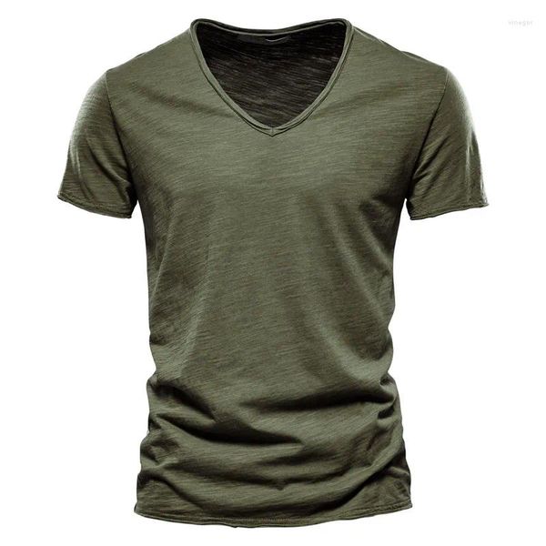 Мужские футболки, летняя тонкая футболка, хлопковая повседневная футболка с коротким рукавом, однотонная, с v-образным вырезом, тропическая спортивная мужская эластичная уличная одежда S-5XL
