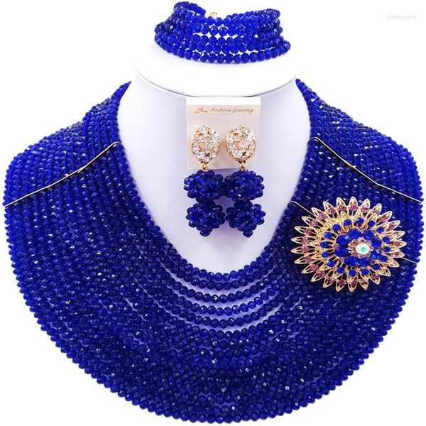 Collana Orecchini Set Gioielli girocollo Cristallo blu reale Perline africane Set da sposa da sposa nigeriano per le donneOrecchini Brit22