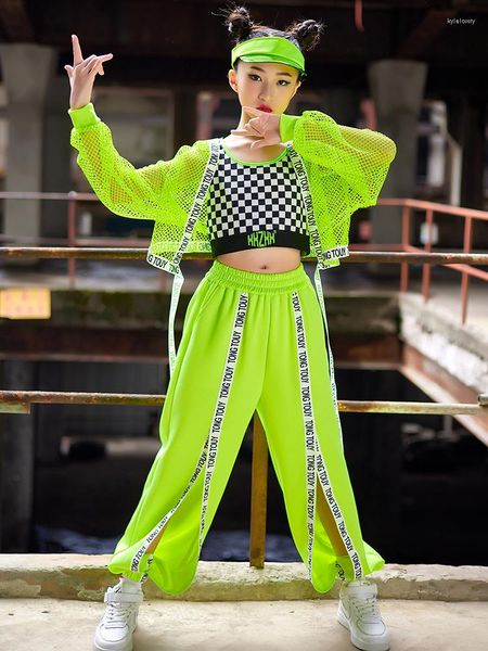 Stage Wear Abbigliamento hip-hop verde fluorescente per ragazze Top a rete Pantaloni a fessura Moda Costume da ballo jazz Prestazioni moderne BL9252