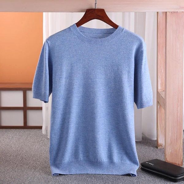 Camisas masculinas em torno do pescoço de manga curta camiseta 100 camisola de lã pura primavera e outono base de tricô solta média grossa meia manga