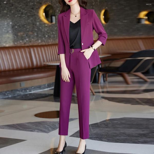 Pantaloni da donna a due pezzi Primavera Estate Blazer a bottone singolo Cappotti e pantaloni a tubino Abito formale da donna da lavoro per ufficio Abbigliamento da lavoro Slim 2