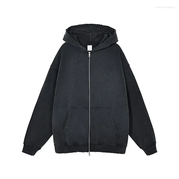Herren Hoodies High Street Retro Washed Black Zipper Hoodie Jacken für Männer und Frauen Blank Harajuku Damaged Casual Loose Sweatshirts mit Kapuze