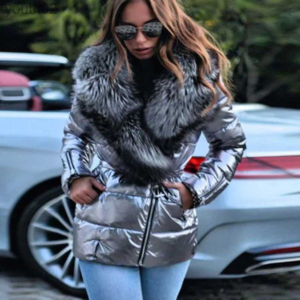 Kadınlar Kürk Sahte Kürk Kış Kış Yeni Sıradan Palto Parlak Yüzey Kadın Ceket Deri Touch Kemeri Büyük Sahte Kürk Kürk Yaka Lady Puffer Pamuk Ceket Parka S-5XL ZLN231109