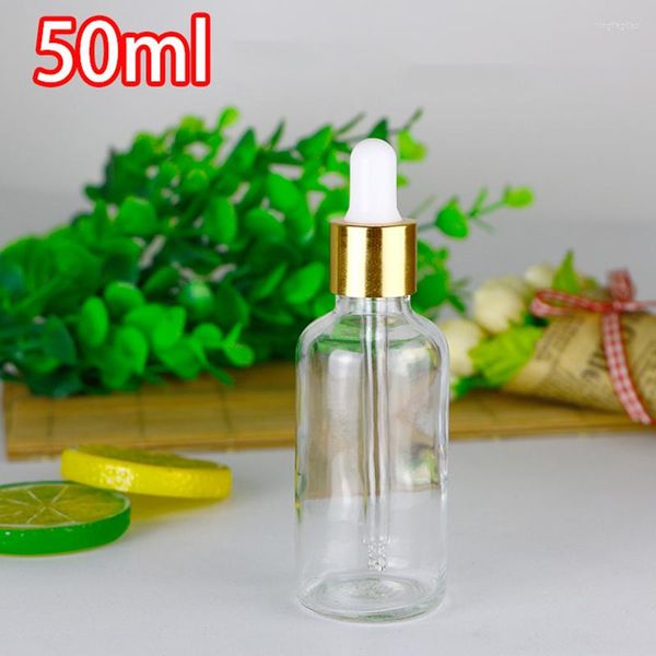 Aufbewahrungsflaschen Hochwertiger transparenter E-Flüssigkeitssaft 50 ml Glasflasche mit ätherischem Öl und schwarzer Goldsilberkappe