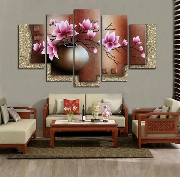 5 peças pintadas à mão pintura a óleo de vida morta em tela lilás kapok flores pinturas modernas arte de parede decoração de casa sala de estar4199120