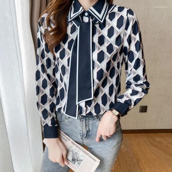 Damesblouses 2023 herfst losse geometrische print zijde satijn shirt top strik kantoor OL streetwear blouse