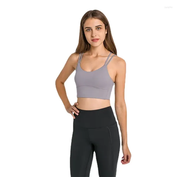 Yoga Outfit Butterweicher Sport-BH mit V-Rückenausschnitt für Frauen, doppelte Träger, Push-Up, Workout, Lauf-BHs, gepolsterte, kurze Tanktops für das Fitnessstudio