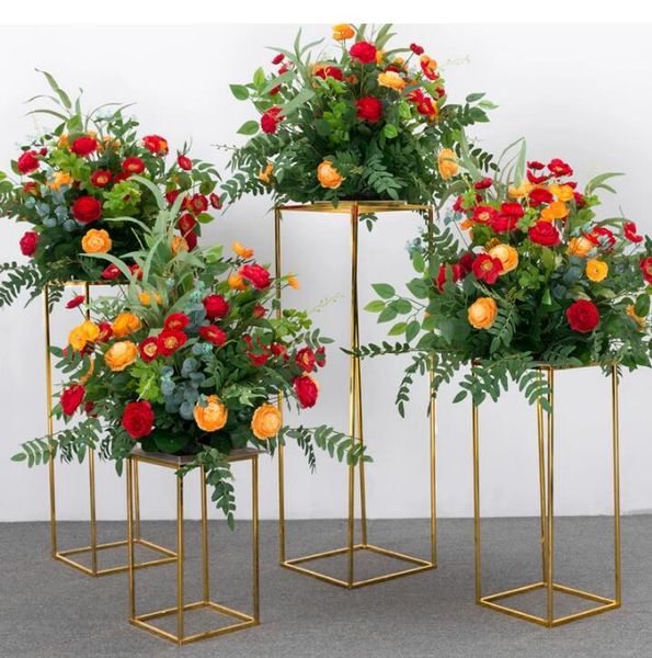 Vaso de flores dourado, coluna, suporte de metal, chumbo de estrada, mesa de casamento, rack de flores, decoração de festa de evento