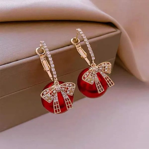 Stud Luxo Ouro Cor Zircon Bowknot Brincos Para Mulheres Vermelho Pérola Flor Festiva Brinco Meninas Ano Natal Jóias Presentes 231109