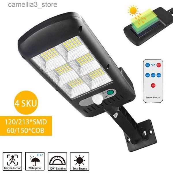 Lampade da parete solari 120 LED Lampioni solari Lampada da parete per esterni senza fili di sicurezza solare Sensore di movimento con 3 modalità di illuminazione per percorso recinzione giardino Q231109