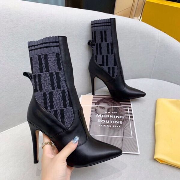 Mulheres Designer Botas Sapatilhas Silhueta Ankle Boot Martin Booties Stretch High Heel e Flat Warm Boots Sneaker Inverno Mulheres Sapatos Tricô Couro com Caixa