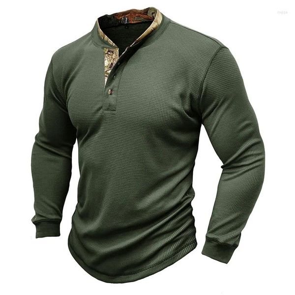 Magliette da uomo per il tempo libero Patchwork Henly Collar Waffle Shirt Uomo Autunno Casual Manica lunga Colore puro Pullover Moda Uomo Abbigliamento Bottone