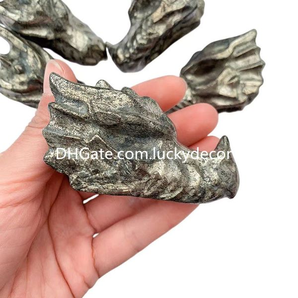Натуральный пирит дракон головы скульптура Метафизический домашний декор изобилие ручной резной полированный исцеляющий хрустальный дурак