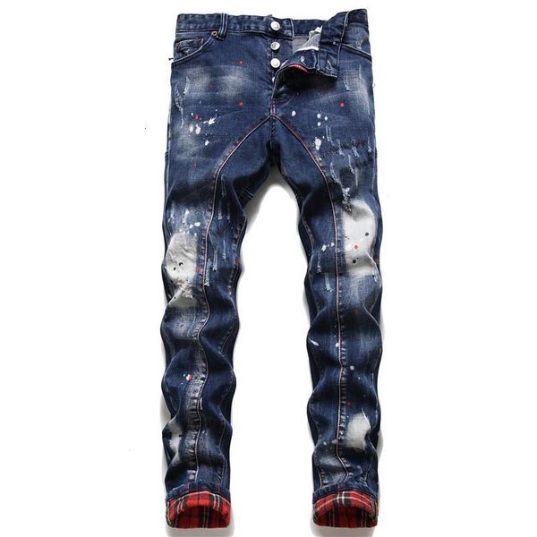 D2 Новые осенне-зимние белые мужские узкие эластичные джинсы синего цвета с брызгами узких брюк для нищих 1081 ydA Hie TRy