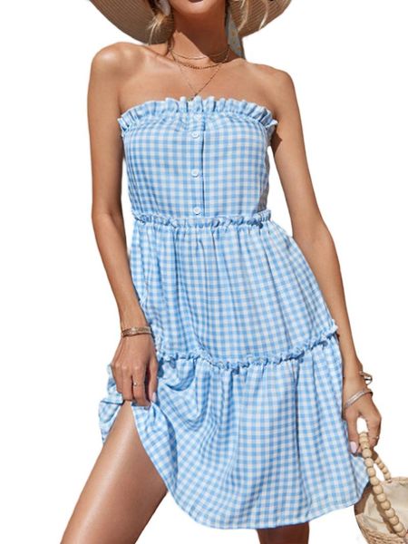 Vestidos casuais mulheres longas no verão xadrez sem mangas de backless bolo bolo de peito vestido midi castcasual