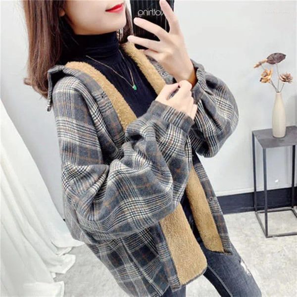 Damenblusen 2023 Frühling Herbst Plaid Langarm Frauen Shirt Tops Koreanischer Stil Polokragen Bluse Frau Tasche Lose Freizeithemden T345