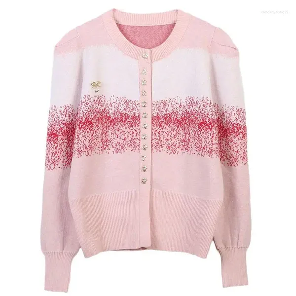 Malhas femininas em torno do pescoço manga comprida metal único breasted arco broche rosa moda cardigan jaqueta 2023 a/w roupas de malhas doces