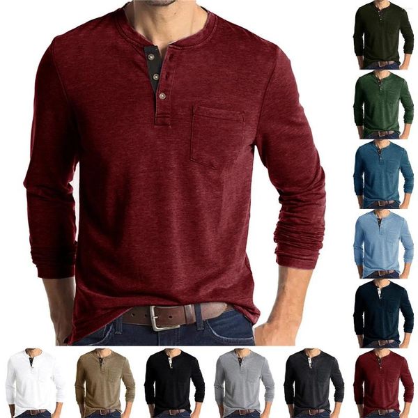 Camisas masculinas primavera e outono botão redondo pescoço blusa de cor sólida manga comprida mens médio para homens algodão