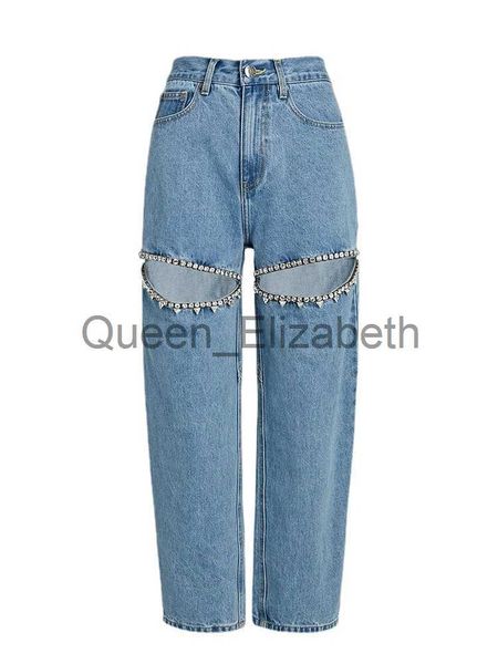 Calças de brim femininas strass bordado flares jeans para mulheres cintura alta retalhos botão oco para fora verão calças largas perna moda feminina nova j231108