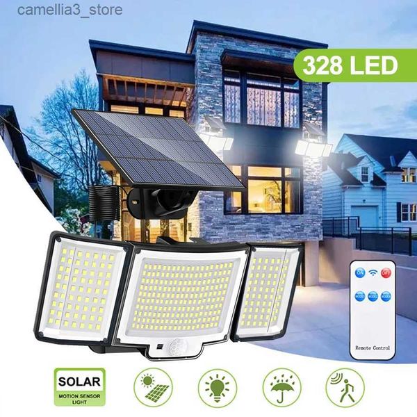 Luzes de parede solares 328/348 LED Luz solar externa 3 modos Sensor de movimento Lâmpada de parede com controle remoto 3 cabeças IP65 LED holofote para jardim Q231109