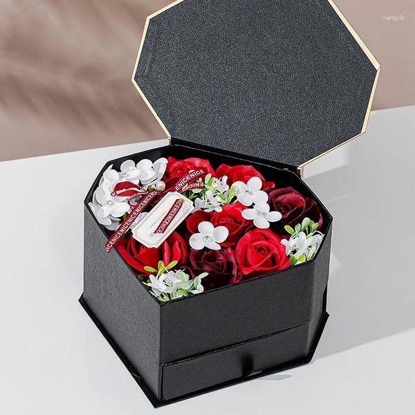 Dekorative Blumen ewige Rose Doppelschublade herzförmige Diamant-Seifenblume Schmuck Geschenkbox Valentinstag für Freundin